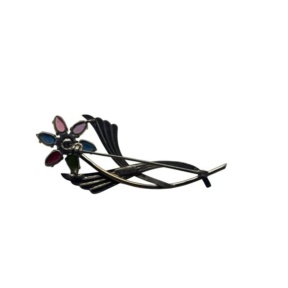 Vintage Symmetalic Sterling and 14K Flower Rhinestone Faux Pearl Brooch - Picture 6 of 8